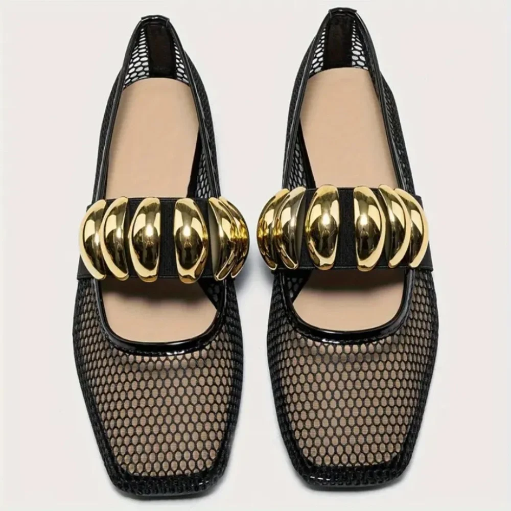 New Fishnet Mesh Ballet Flats Gold Metallic Buckle NWT Black Slip On Square Toe - Picture 4 of 9